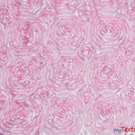 Load image into Gallery viewer, Rosette Satin Fabric | Wedding Satin Fabric | 54&quot; Wide | 3d Satin Floral Embroidery | Multiple Colors | Wholesale Bolt | Fabric mytextilefabric Bolts Pink 
