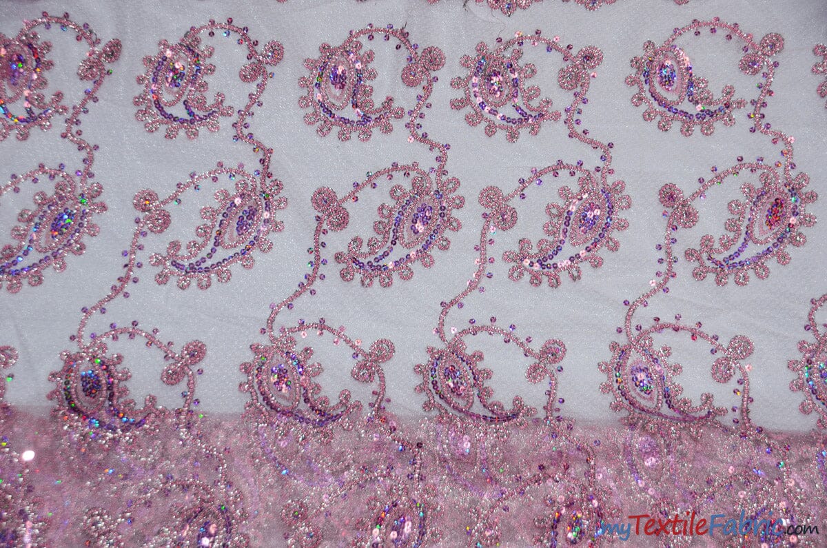 Coco Paisley Sheer Embroidery | Double Scallop Lace | 52" Wide | Fabric mytextilefabric Yards Pink 