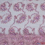 Load image into Gallery viewer, Coco Paisley Sheer Embroidery | Double Scallop Lace | 52&quot; Wide | Fabric mytextilefabric Yards Pink 
