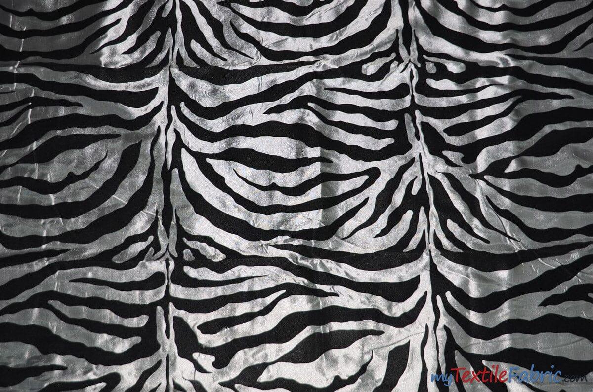 Zebra Flocking Taffeta | Flocking Velvet Zebra on Taffeta Fabric | 60" Wide | Curtains, Apparel, Cosplay, Costume, Decor | Fabric mytextilefabric Yards Platinum Zebra 