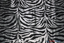 Load image into Gallery viewer, Zebra Flocking Taffeta | Flocking Velvet Zebra on Taffeta Fabric | 60&quot; Wide | Curtains, Apparel, Cosplay, Costume, Decor | Fabric mytextilefabric Yards Platinum Zebra 