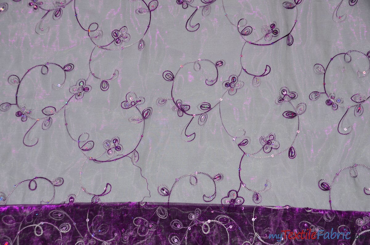 Dahlia Organza Embroidery Fabric | Embroidered Floral Sheer with Sequins Embellishment | 54" Wide | Multiple Colors | Fabric mytextilefabric Yards Plum 