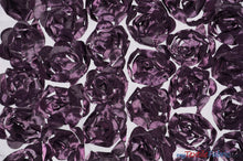 Load image into Gallery viewer, Rosette Satin Bordeaux Fabric | Rose Bordeaux Satin | 52&quot; wide | 3d Floral Satin Embroidered on a Mesh | Multiple Colors | Fabric mytextilefabric Yards Plum 
