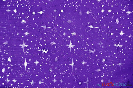 Shooting Star Foil Organza Fabric| 60" Wide | Sheer Organza with Foil Silver Metallic Star | Decor, Overlays, Accents, Dresses, Apparel | Fabric mytextilefabric Yards Purple 