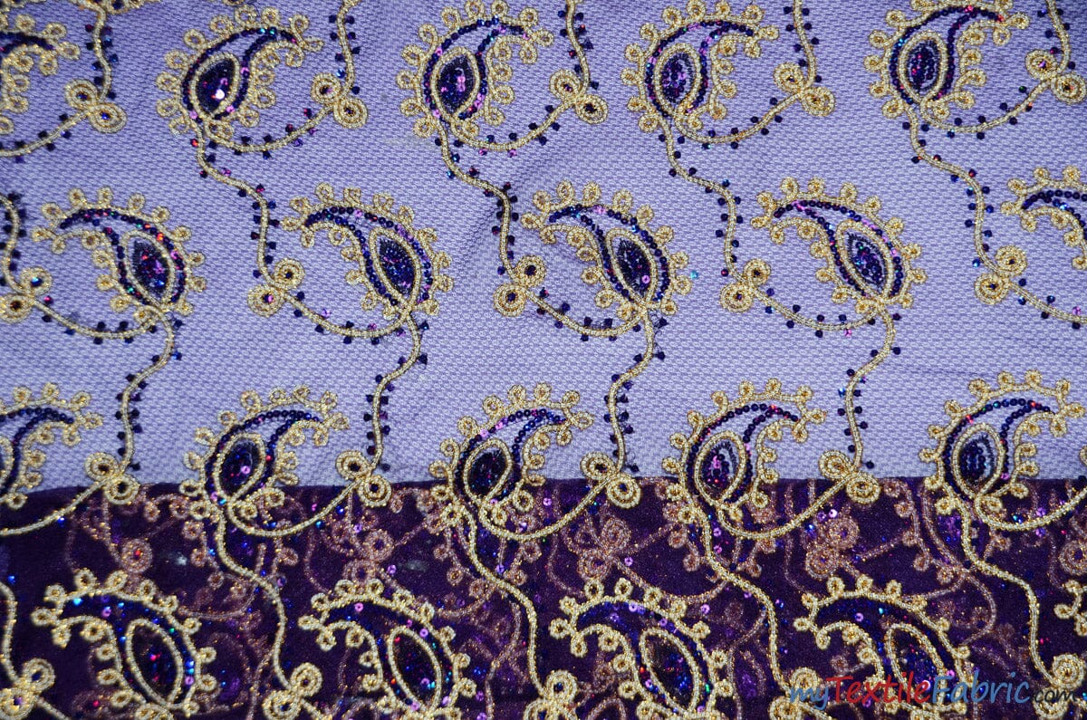 Coco Paisley Sheer Embroidery | Double Scallop Lace | 52" Wide | Fabric mytextilefabric Yards Purple 