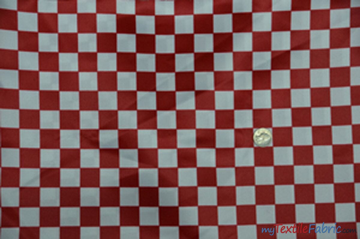 1" Checker Satin Print Fabric | Checkered Racing Fabric | Dull Satin Print | 60" Wide | 2 Colors | White Black | White Red | Fabric mytextilefabric Yards Red 1 Inch Checkers 