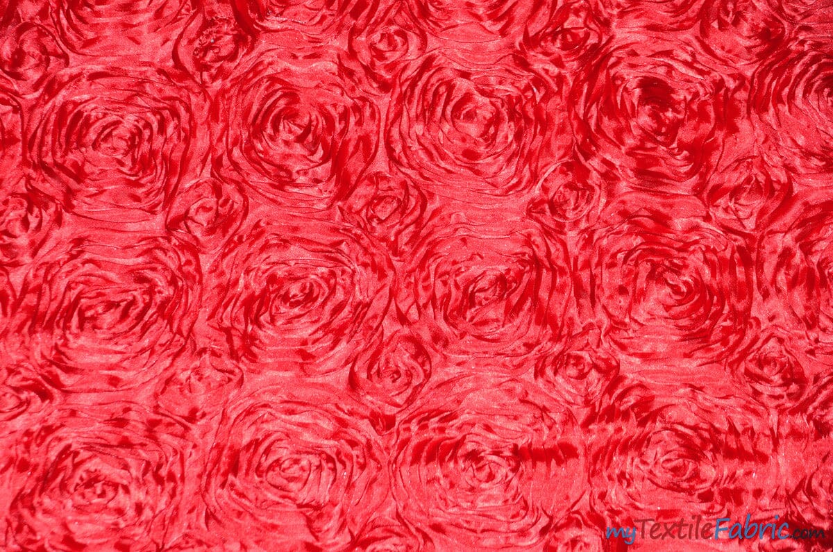 Rosette Satin Fabric | Wedding Satin Fabric | 54" Wide | 3d Satin Floral Embroidery | Multiple Colors | Sample Swatch| Fabric mytextilefabric Sample Swatches Red 