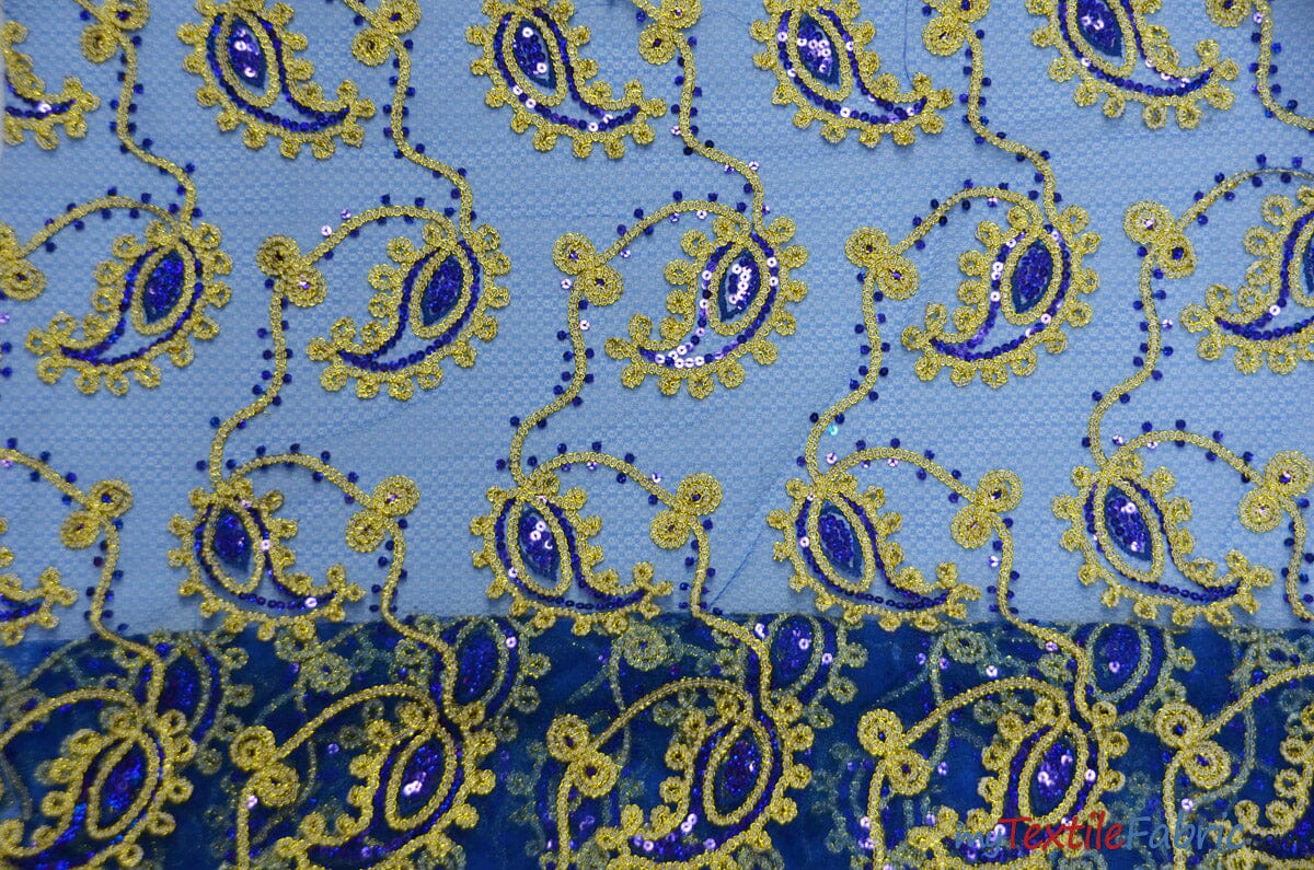 Coco Paisley Sheer Embroidery | Double Scallop Lace | 52" Wide | Fabric mytextilefabric Yards Royal Blue 