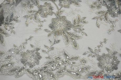 Edith Embroidery Fabric | Bridal Lace Design with Sequins | 52" Wide | Multiple Colors | Fabric mytextilefabric Yards Silver Silver 