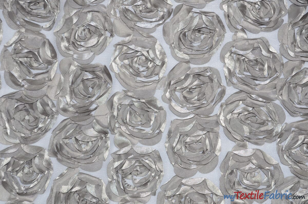 Rosette Satin Bordeaux Fabric | Rose Bordeaux Satin | 52" wide | 3d Floral Satin Embroidered on a Mesh | Multiple Colors | Fabric mytextilefabric Yards Silver 