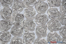 Load image into Gallery viewer, Rosette Satin Bordeaux Fabric | Rose Bordeaux Satin | 52&quot; wide | 3d Floral Satin Embroidered on a Mesh | Multiple Colors | Fabric mytextilefabric Yards Silver 