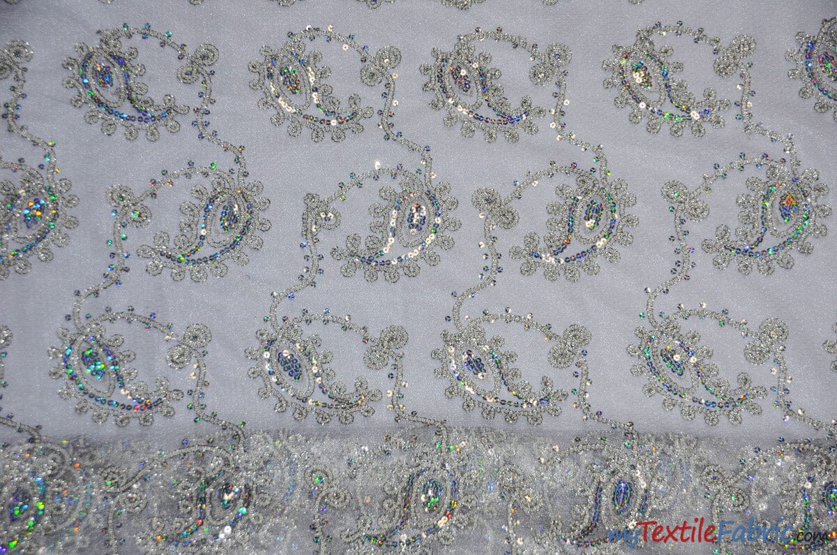 Coco Paisley Sheer Embroidery | Double Scallop Lace | 52" Wide | Fabric mytextilefabric Yards Silver 