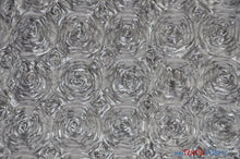 Load image into Gallery viewer, Rosette Satin Fabric | Wedding Satin Fabric | 54&quot; Wide | 3d Satin Floral Embroidery | Multiple Colors | Continuous Yards | Fabric mytextilefabric Yards Silver 