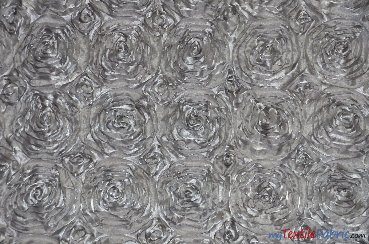 Rosette Satin Fabric | Wedding Satin Fabric | 54" Wide | 3d Satin Floral Embroidery | Multiple Colors | Wholesale Bolt | Fabric mytextilefabric Bolts Silver 