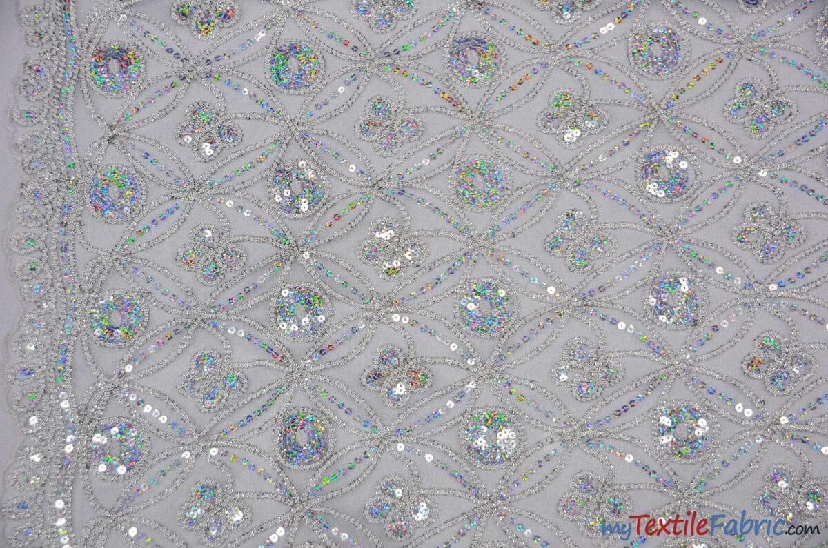 Coco Star Sheer Embroidery | Double Scallop Lace | 52" Wide | Fabric mytextilefabric Yards Silver 