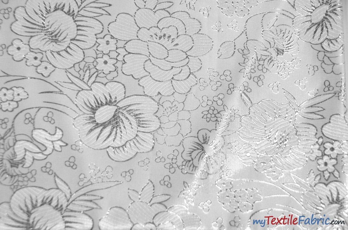 Oriental Metallic Flower Brocade | Metallic Brocade B23 | 58" Wide | Chinese Brocade Fabric | Fabric mytextilefabric Yards Silver 