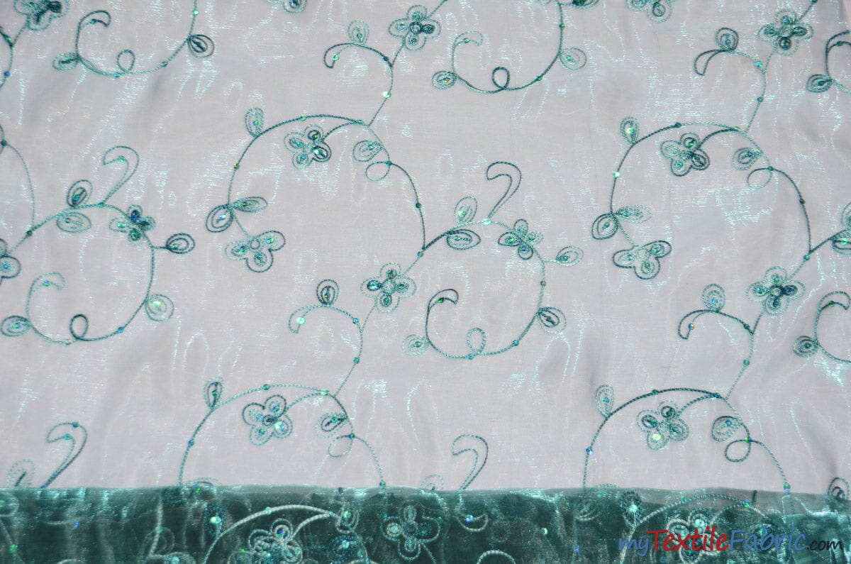 Dahlia Organza Embroidery Fabric | Embroidered Floral Sheer with Sequins Embellishment | 54" Wide | Multiple Colors | Fabric mytextilefabric Yards Teal 