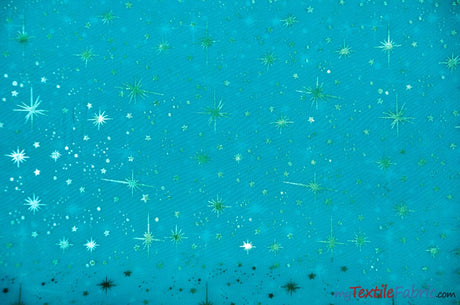 Shooting Star Foil Organza Fabric| 60" Wide | Sheer Organza with Foil Silver Metallic Star | Decor, Overlays, Accents, Dresses, Apparel | Fabric mytextilefabric Yards Teal 