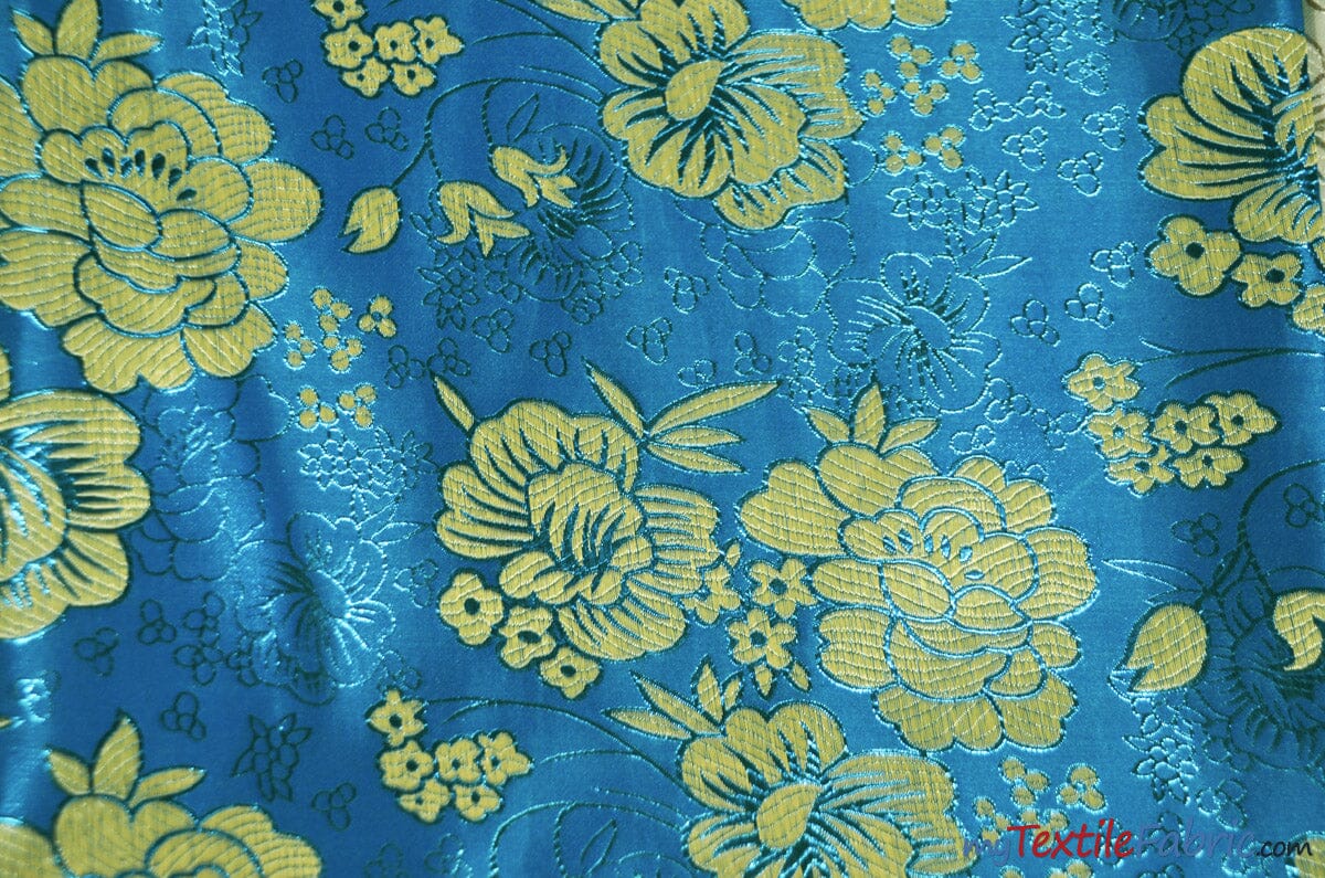 Oriental Metallic Flower Brocade | Metallic Brocade B23 | 58" Wide | Chinese Brocade Fabric | Fabric mytextilefabric Yards Turquoise 