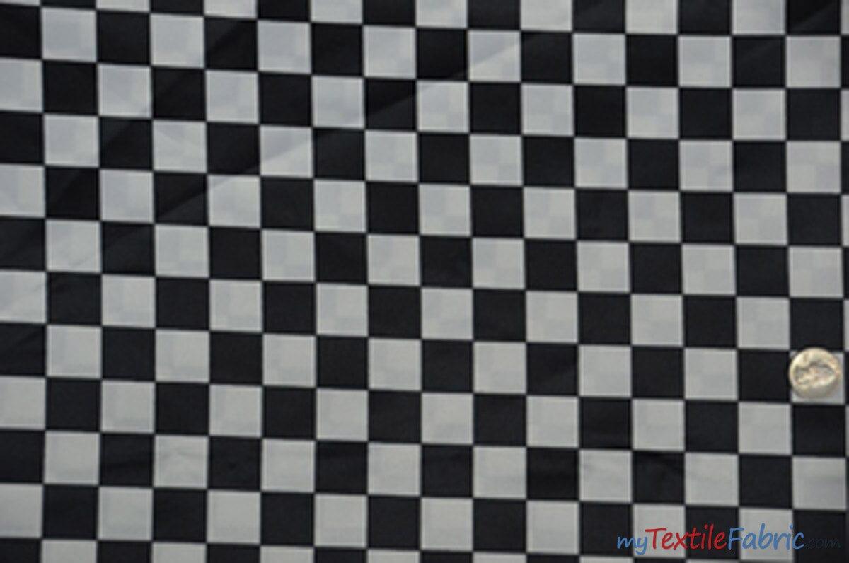 1" Checker Satin Print Fabric | Checkered Racing Fabric | Dull Satin Print | 60" Wide | 2 Colors | White Black | White Red | Fabric mytextilefabric Yards White Black 1 Inch Square 