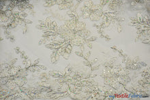 Load image into Gallery viewer, Edith Embroidery Fabric | Bridal Lace Design with Sequins | 52&quot; Wide | Multiple Colors | Fabric mytextilefabric Yards White Silver 