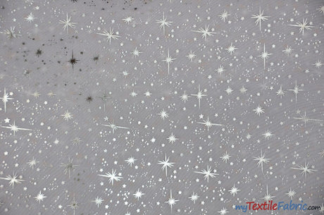 Shooting Star Foil Organza Fabric| 60" Wide | Sheer Organza with Foil Silver Metallic Star | Decor, Overlays, Accents, Dresses, Apparel | Fabric mytextilefabric Yards White 