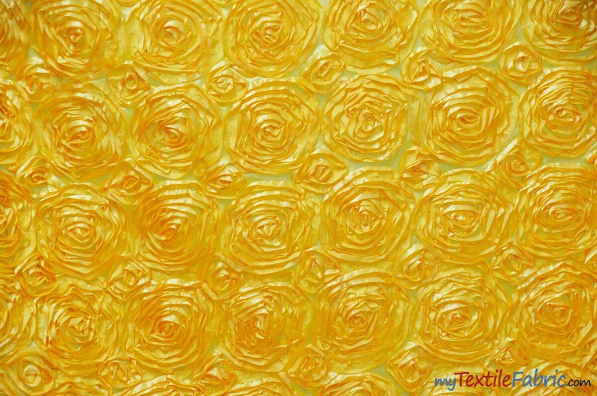 Rosette Satin Fabric | Wedding Satin Fabric | 54" Wide | 3d Satin Floral Embroidery | Multiple Colors | Wholesale Bolt | Fabric mytextilefabric Bolts Yellow 